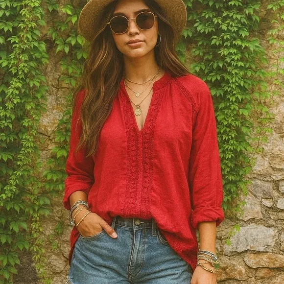 MADEWELL Embellished Tomato Red Cotton Boho Tunic, XS - Picture 2 of 10